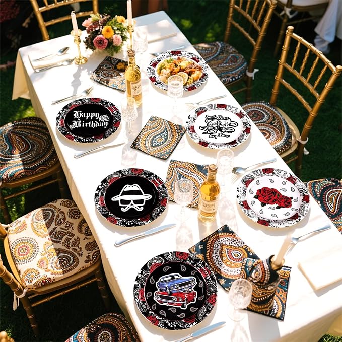 Grencian 60Pcs Cholo Birthday Party Decorations 9" Early 2000s Birthday Supplies Disposable Heavy Duty Black Bandana Paper Plates Tableware for Halloween Teens Early 2000s Cholo Theme Party Supplies