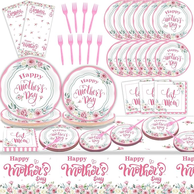 Happy Mother's Day Party Supplies Disposable Paper Plates Napkins Forks Tablecloth for Mother's Day Party Family Dinner Table Decorations Mom's Day Party Table Cover Tableware Set Serve 24