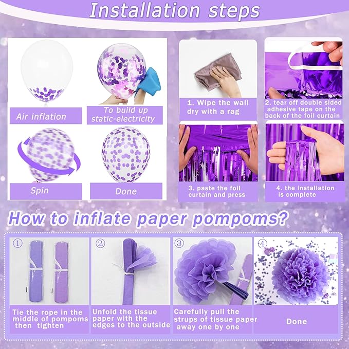 Purple Birthday Decorations, Purple Party Balloons with Happy Birthday Banner Fringe Curtain Paper Pompoms, Circle Garland Decor for Women Men Boys Girls Princess