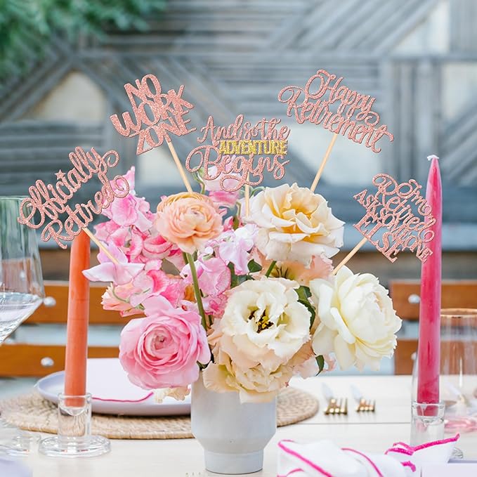 15 PCS Happy Retirement Centerpiece Sticks Officially Retired Table Flower Centerpieces Sticks No Work Zone Floral Decorations for Retirement Farewell Birthday Party Centerpieces Supplies Rose Gold