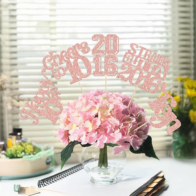 Gyufise 15Pcs Happy 10th Birthday Centerpiece Sticks Ten Straight Outta 2016 Table Flower Centerpieces Sticks Cheers to 10 Decorations for 10th Birthday Party Supplies Rose Gold