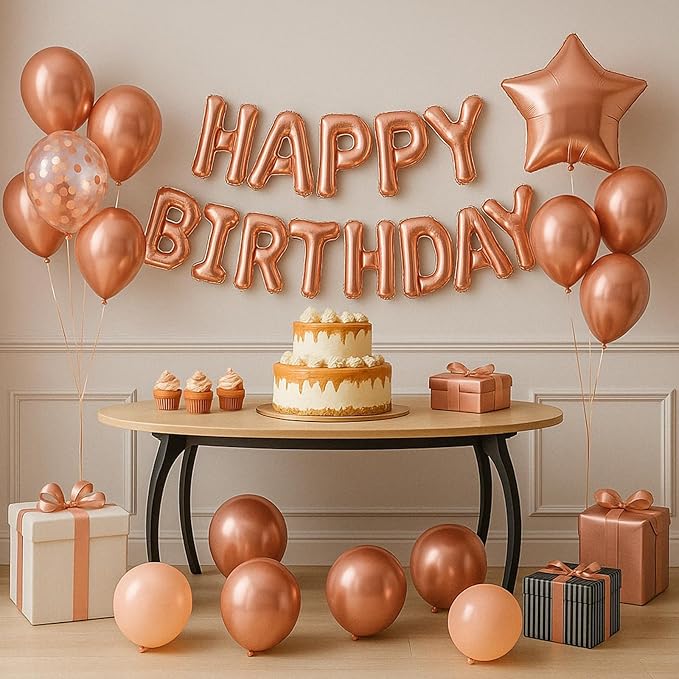 29PC Rose Gold Happy Birthday Balloon Banner, 16 Inch 3D Aluminum Letter Banner Sign, Pearl Rose Gold Metallic Balloons 18 Inch Star Heart Foil Balloons for Women, Men Party Decorations