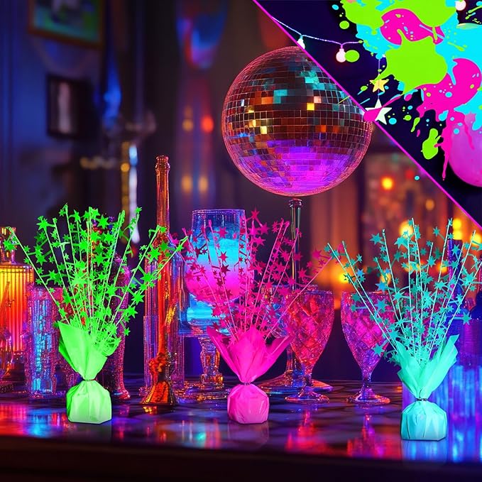 6 Pack Glow in the Dark Metallic Foil Spray Centerpiece Neon Star Table Decoration Fluorescence Tabletop Centerpieces for Glitter Neon Birthday Party Graduation Holiday Party Supplies