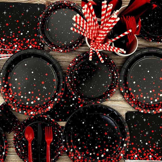 KEFAN Red Black Birthday Party Decorations, Red Black Theme Party Tableware Supplies including HAPPY BIRTHDAY Banner, Plates, Cups, Napkins, Tablecloth, Balloons, Serves 20