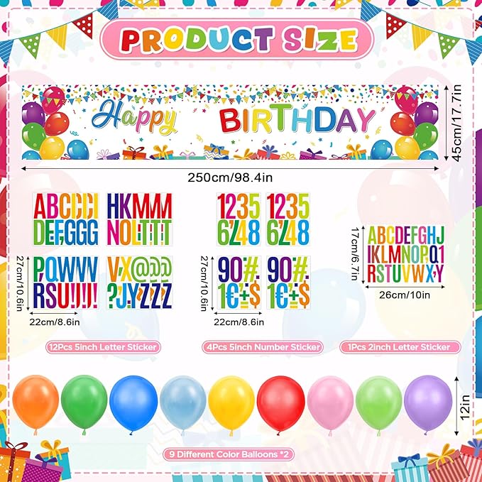 Coloful Birthday Decorations Banner with Personalized Letter Stickers and Balloons DIY White Happy Birthday Yard Banner Custom Bday Sign for Men Women Bday Party Supplies Outdoor