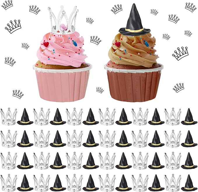 48 Pack Witch Hat and Crown Cake Topper Bad Witch Birthday Party Decorations Mini Wizard Hats Silver Crown Cupcake Toppers Decor Princess Cake Accessories for Birthday Party Supplies Crafts