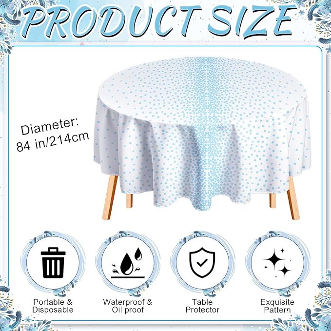 VitalCozy Round Dot Tablecloth 84 Inch Plastic Table Cover Polka Dot Confetti Tablecloths for Easter 2026 Graduation Prom Wedding Birthday Spring Party Supplies(White and Light Blue,3 Pcs)