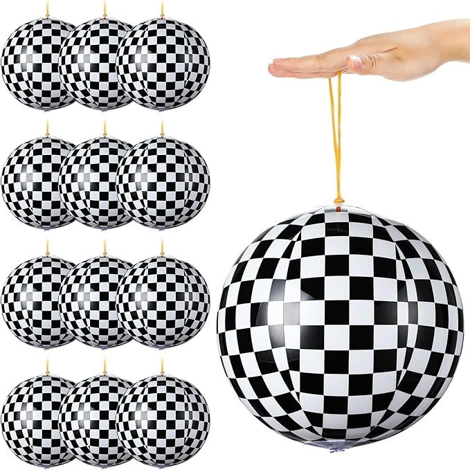 12 Pcs Punching Balloons for Kids PVC Inflatable Punch Bouncy Balloon Heavy Duty Race Car Party Favors Goodie Bags Stuffers Classroom Rewards Carnival Toy Prizes(Black White Checkered)