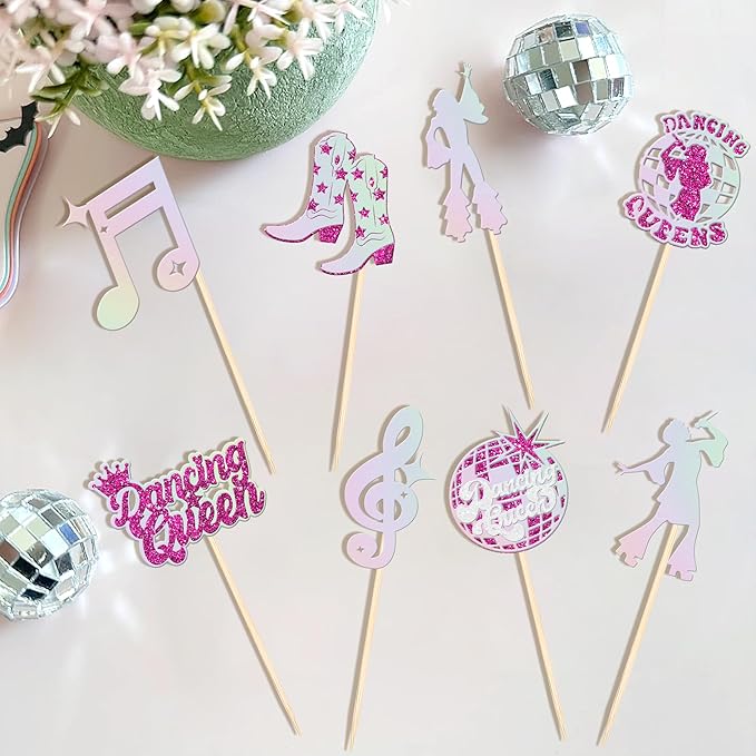 24 PCS Dancing Queen Cupcake Toppers Glitter Music Note Singer Dancer Cupcake Picks Vintage 70s Disco Dancing Cake Decorations for Disco Ball Music Theme Wedding Birthday Party Supplies Rose Red