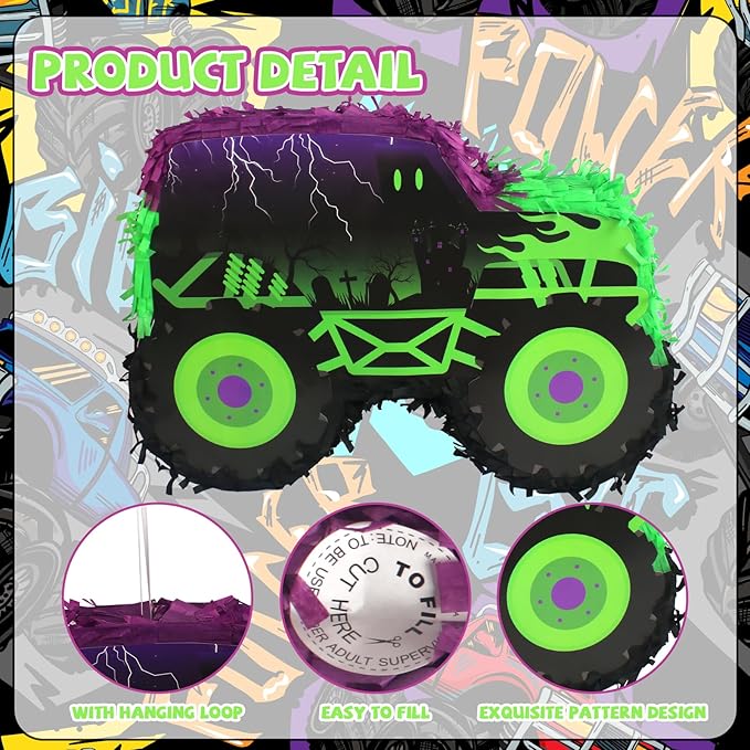 Green and Purple Monster Truck Pinata Car Pinata with Stick and Blindfold for Kids Boys Monster Truck Racing Car Birthday Party Supplies Decorations Carnival Party Favors(15.75*11*2.36 Inch,Small)