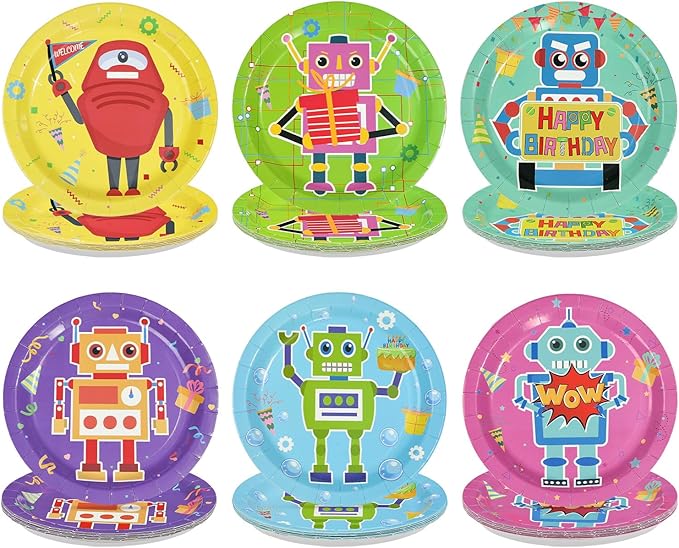 60Pcs Robot Birthday Party Decorations 9 Inch Disposable Heavy Duty Robot Birthday Paper Plates Cartoon Robots Funny Colorful Dessert Themed Plates for Boys Kids Baby Shower Game Party Supplies