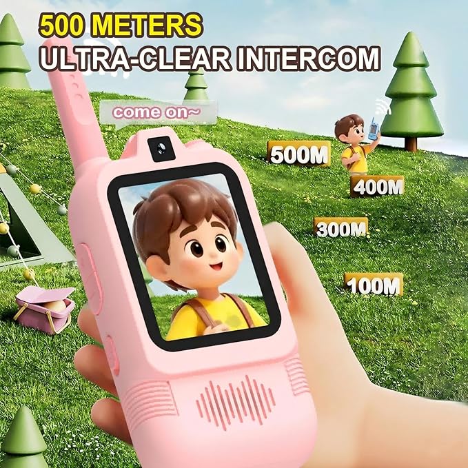 Upgraded Video Walkie Talkies for Kids, Dual Camera Long Range for Selfie & Discovery, Rechargeable 2-Way Radios for Camping Hiking & Backyard, Indoor Outdoor Toys Gifts for Age 3-12 Boys Girls