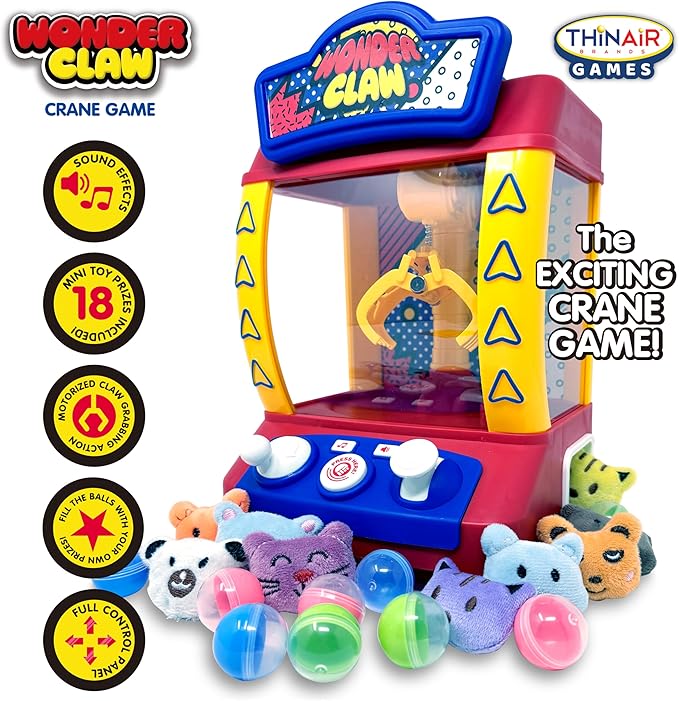 Thin Air Brands Wonder Claw Machine Crane Game for Kids - Arcade Style with 9 Stuffed Animal Prizes and 9 Balls, Sound Effects - Perfect Birthday Surprise Toy Grabber Arcade Game