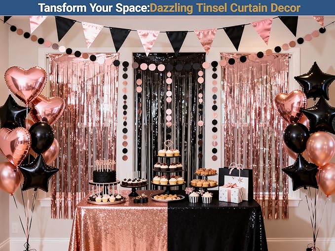 3 Packs Black and Rose Gold Foil Fringe Curtains, Birthday Party Decorations Backdrop Tinsel Steamer, Wedding Engagement Bridal Shower Decorations Retirement Decor Graduation Party Backdrop