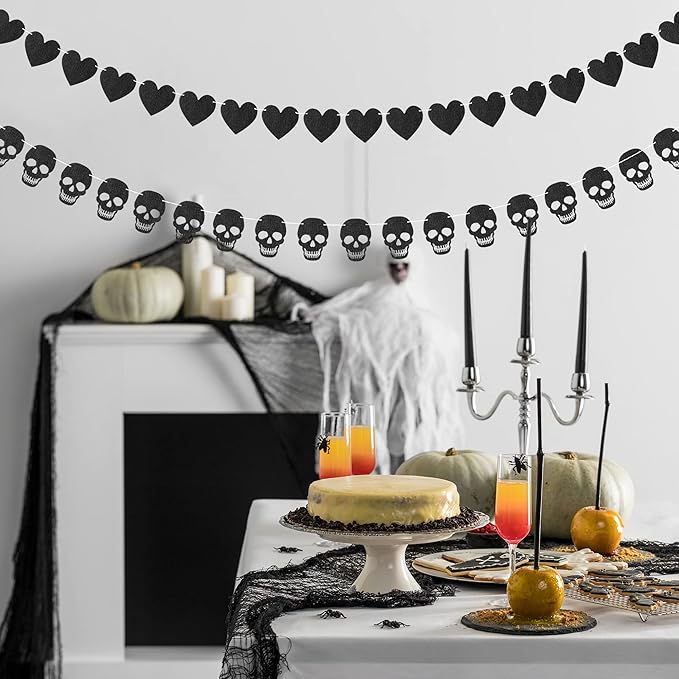 K1tpde 4PCS Gothic Black Heart Skull Garland Banner Kits, Black Felt Heart Banner for Valentines, Skull Garland Backdrop for Gothic Birthday Party Decorations, Halloween Home Decor Party Supplies