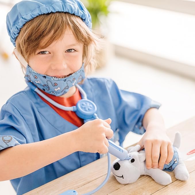 Melissa & Doug Veterinarian Role Play Costume Dress-Up Set, Kids Vet Pretend Play Outfit with Plush Dog, Electronic Stethoscope & Animal Doctor Toys for Kids 3+