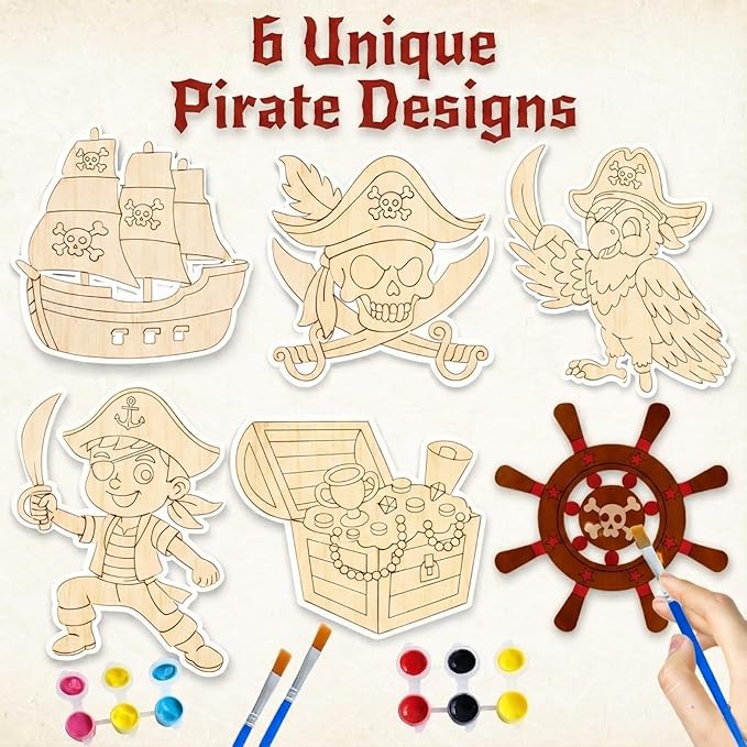 12 Pack Pirate Party Favors for Kids – Individually Wrapped Paint Your Own Wooden Magnet Craft Kits with Thank You Card, Treasure Hunt Birthday Supplies for Boys & Girls