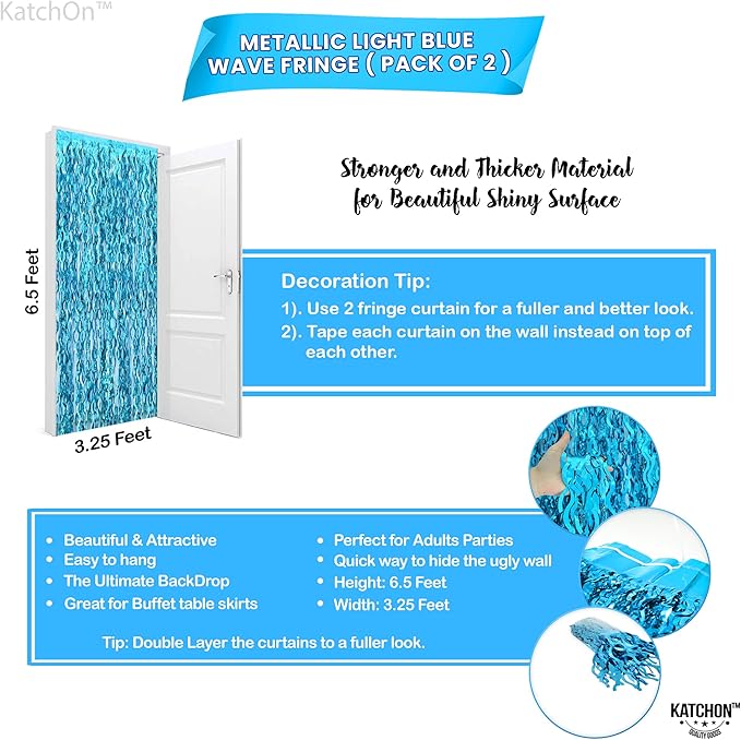 Katchon, Xtralarge Wavy Blue Foil Fringe Curtain - Pack of 2 | Blue Streamers for Under The Sea Party Decorations | Foil Fringe Backdrop for Birthday, Cruise Door Decorations, Pool Party Decorations