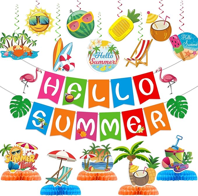 Summer Party Decorations, Hello Summer Banner Hanging Swirls and Honeycomb Centerpieces Beach Pool Party Decorations, Summer Pool Holiday Birthday Party Supplies