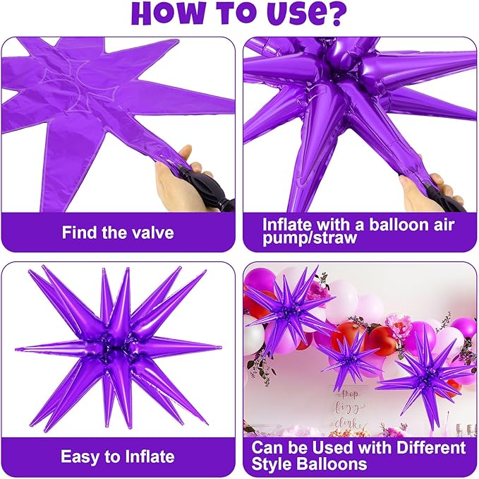 10 Pcs Purple Star Balloons Explosion Starburst Balloons Foil Cone Balloon Magic for Birthday Wedding Anniversary Party Backdrops Decorations Supplies, 6 Pcs 22Inches and 4 Pcs 27Inches