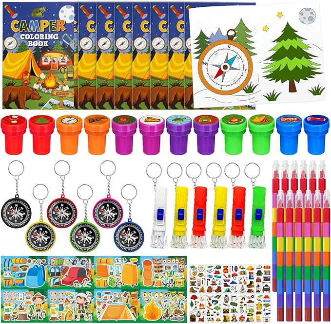 Cinrobiye 72 Pcs Happy Camper Party Favors Bulk, Summer Camper Birthday Party Supplies, Adventure Camping Coloring Book with Crayons Tattoos Stampers for Pinatas Gifts，Camper Party Goodie Bag Fillers