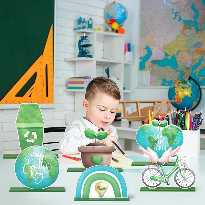 6Pcs Earth Day Wooden Centerpieces Decoration, Watercolor Environmental Protection Wood Tiered Tray Centerpieces, Green Table Topper Decor Happy Earth Day Supplies for Home Office Desk Shelf