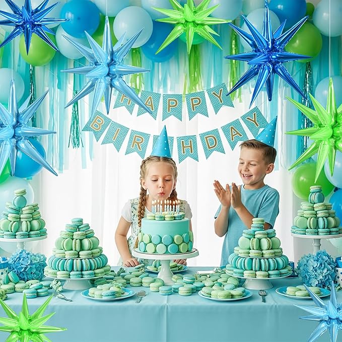 TONIFUL 8 Pcs Blue Green Foil Balloons Large Star Balloons Explosion Star Mylar Balloons for Party Backdrop Christmas New Year Birthday Wedding Baby Shower Anniversary Photo Booth Supplies