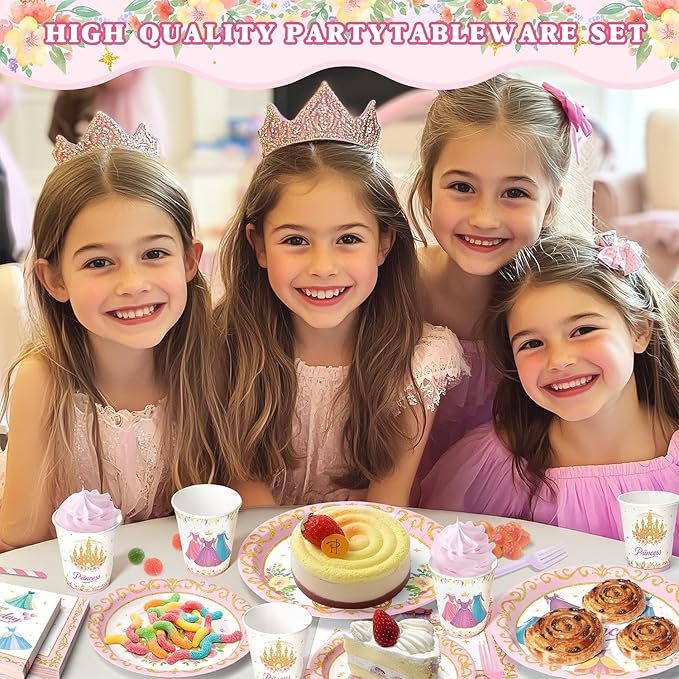 144 Pcs Princess Paper Plates Napkins, Birthday Party Supplies Include Forks Cups Straws, Summer Party Tableware Set for Kids, Serves 24 Guests