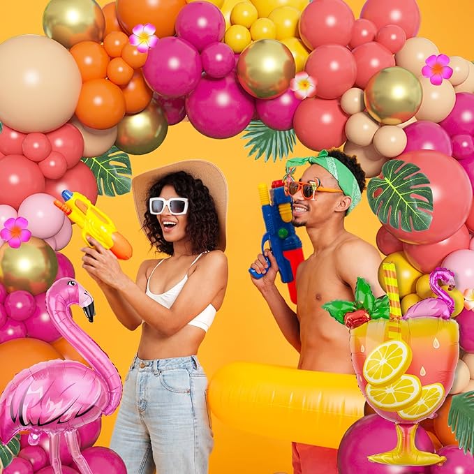 Ouddy Life 178Pcs Tropical Balloons Arch Garland Kit, Luau Tropical Party Decorations with Aloha Pineapple Coconut Hot Pink Aqua Blue Balloons & Palm Leaves for Hawaiian Summer Birthday Supplies
