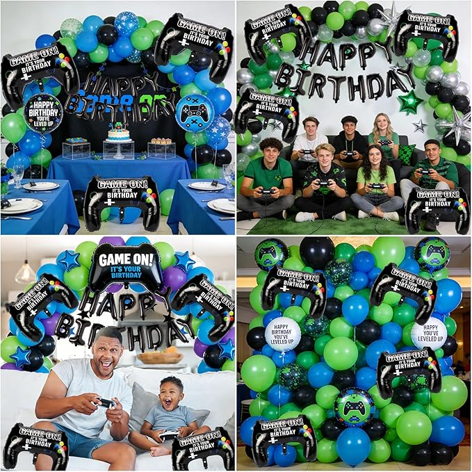 Black Happy Birthday Balloons, 29" Huge Video Game Controller Aluminum Foil Balloon Banner for Boys Birthday Gaming Party Decorations Supplies