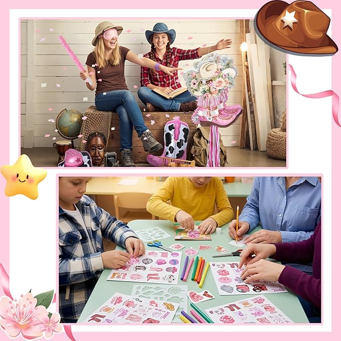 119pcs Cowgirl Boot Piñata Party Kit with Blindfold Hitting Stick Confetti Balloons Snap Bracelets Stickers for Western Cowboy Theme Birthday Party Decors