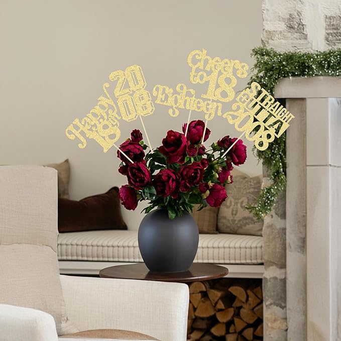 Gyufise 15Pcs Happy 18th Birthday Centerpiece Sticks Eighteen Straight Outta 2008 Table Flower Centerpieces Sticks for Cheers to 18th Birthday Party Supplies Gold
