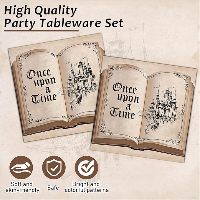 Fairytale Plates and Napkins Once Upon a Time Tableware Set Girl Princess Plates Old Opening Book Dinnerware Floral Castle Plate for Birthday Party Wedding Baby Shower Decoration Supplies Serve 24