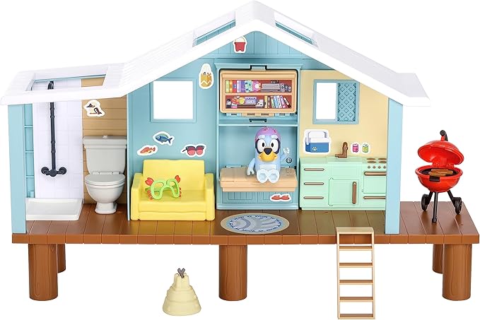 Bluey Beach Cabin Playset, 10”, Customizable Toddler House Playset with 10 Play Pieces and 2.5” Goggles Figure, Toy Houses for Kids Ages 3+