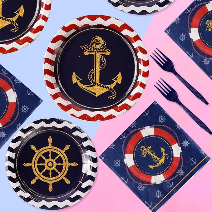 Grencian 96Pcs Nautical Anchor Party Supplies Navy Nautical Party Plates Sailor Boat Ship Paper Plates Disposable Anchor Theme Tableware Set for Baby Shower Birthday Party, Serves 24