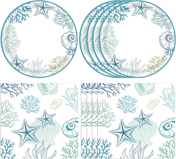 Seashell Beach Party Decorations,40Pcs Ocean Seashell Beach Plates,Napkin Blue Starfish Seashell Coral Themed Disposable Tableware for Birthday Baby Shower Summer Party, Serves 20