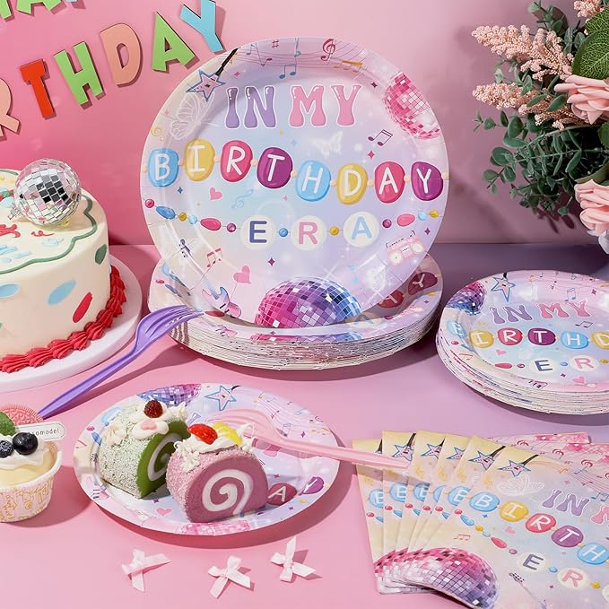 OBUSATT 96 Pcs In My Birthday Era Music Friendship Birthday Party Supplies Pink Singer Themed Disposable Tableware Set Serves 24