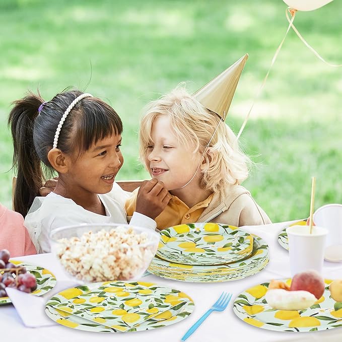96 Pcs Lemon Party Decorations Summer Lemon Birthday Party Supplies Plates Napkins and Forks for Yellow Lemon Baby Shower Bridal Shower Serves 24