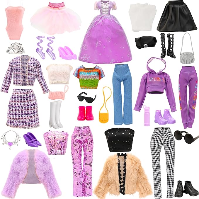 24 Pcs Doll Clothes & Accessories 8 Set Clothes Including Party Gown Chill Suits Casual Outfits Sport Wear Ballet Dresses for Doll with 8 Shoes 8 Accessories for 11.5 Inch Girl Dolls Storytelling Set