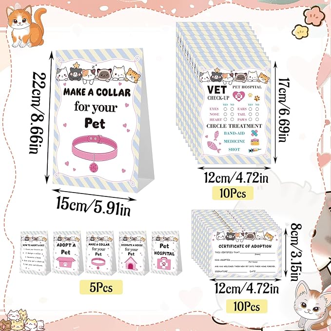 115 Pcs Adopt a Cat Party Favors Pet Adoption Station Package Include 10 Mini Plush Cats 10 Boxes and 95 Adopt a Cat Supplies for Birthday Party Gifts