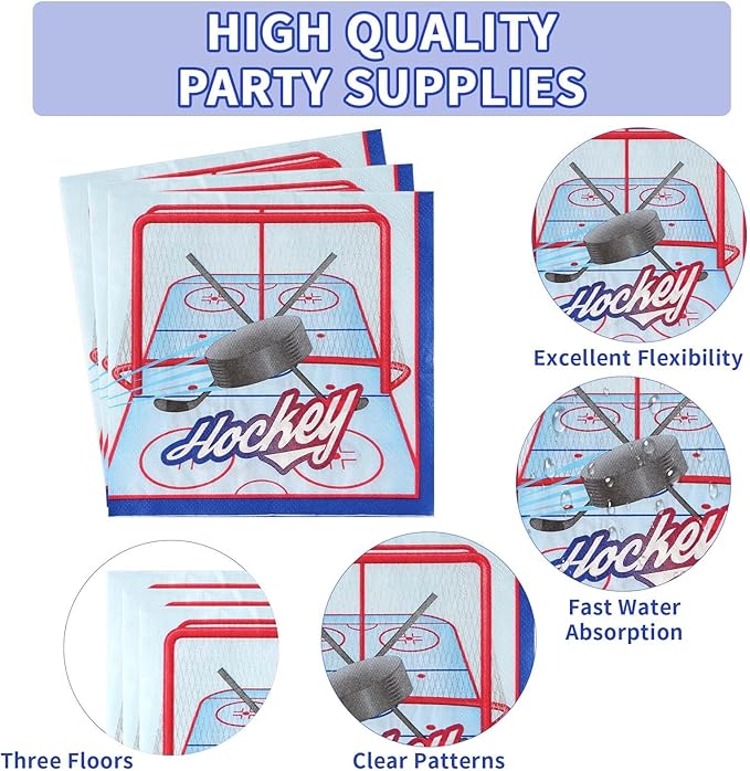 Grencian 96Pcs Hockey Birthday Party Supplies 350 GSM Ice Hockey Paper Plates and Napkins Tableware Sets for Boys Kid's Fans Gameday Sports Theme Party Decorations Favors Servers 24