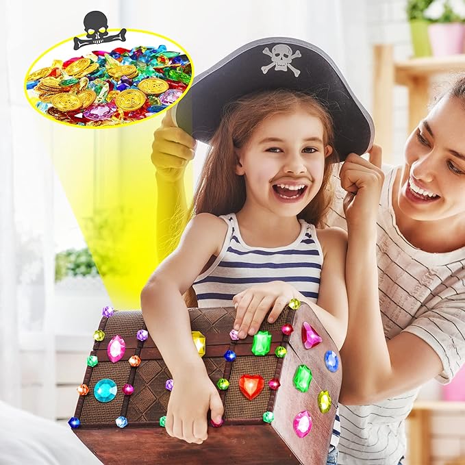 Gejoy 430 Pcs Summer Pool Pirate Party Favors Pirate Treasure Jewels and Gold Fake Coins Booty Chest Play Set with Drawstring Bag for Summer Diving Adventure Themed Party Decorations