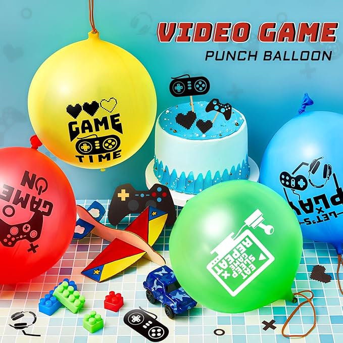 32 Pcs Video Game Punch Balloons Pixelated Punch Ball Pixel Video Game Balloons Latex Balls Toys for Birthday Party Favors Supplies, Goodie Bag Filler(Blue, Red, Yellow, Green)
