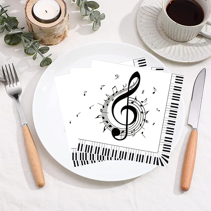 100Pcs Music Note Napkins Notes Party Supplies Disposable Musical Cocktail Luncheon Dinner Napkin for Themed Karaoke Birthday Decorations, Black & White