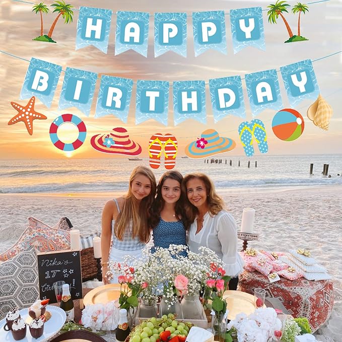 Zwiebeco Seaside Happy Birthday Party Decoration Blue White Sign Starfish Conch Hanging Paper Banner for Kids Adults Tropical Hawaiian Beach Pool Summer Accessories Supplies
