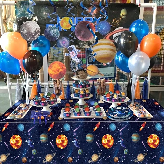 Outer Space Party Supplies for 20 Guests, Include Astronaut Planet Paper Plates, Napkins, Forks, Outer Solar System Tablecloth for Kids Birthday Party Solar System Theme Party Decorations