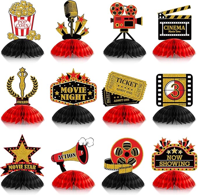 Pajean 12 Pieces Movie Night Party Decorations Supplies Movie Theater Centerpiece Honeycomb 3D Ticket Popcorn Star Table Topper Decor for Birthday Party Favors(Red)