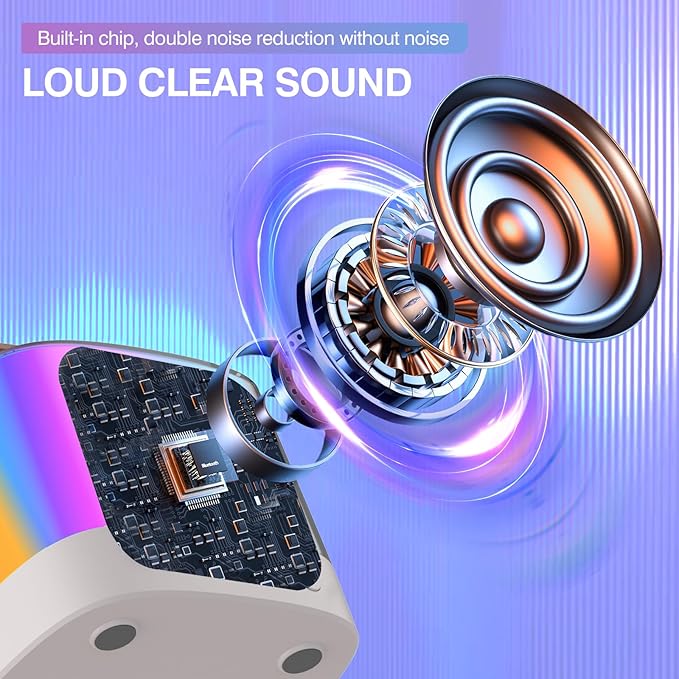 Mini Karaoke Machine for Kids with 2 Wireless Microphones, Portable Bluetooth Speaker & LED Lights, Birthday Gift Toy for Girls and Boys Ages 3–12+ (White)