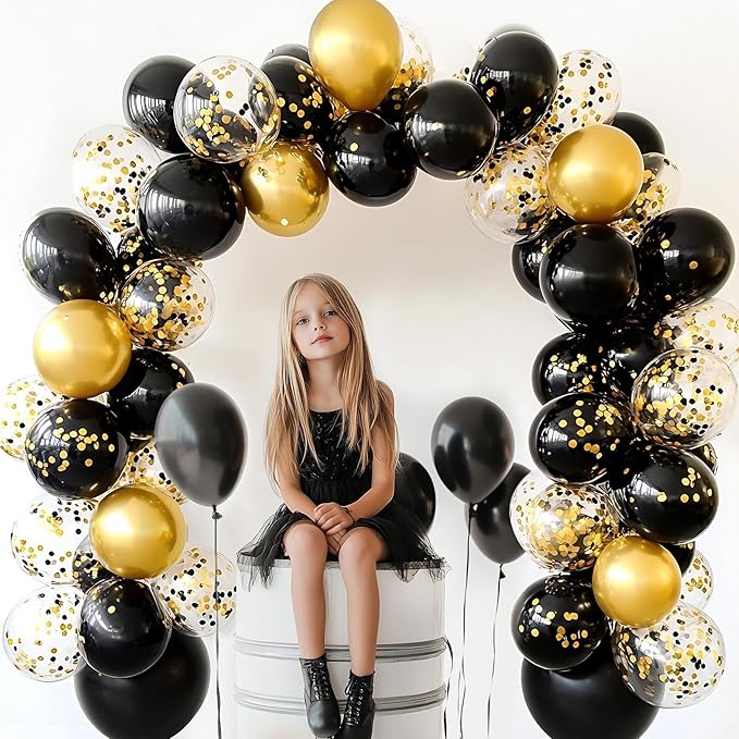 Black and Gold Balloons, 55 Pcs 12 Inch Metallic Gold Balloons Black Balloon Gold Confetti Latex Balloon for Birthday Party Graduation Decoration Baby Shower New Years Wedding Anniversary