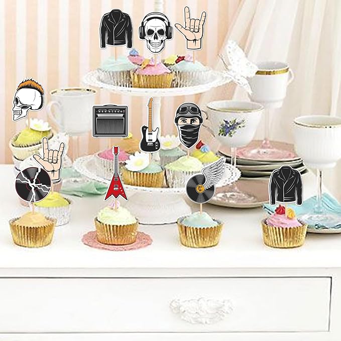 30 PCS Rock and Roll Party Cupcake Toppers Rockstar Music Cupcake Picks Guitar Musical Instrument Cake Decorations for 80's Retro Muscial Theme Baby Shower Birthday Party Supplies